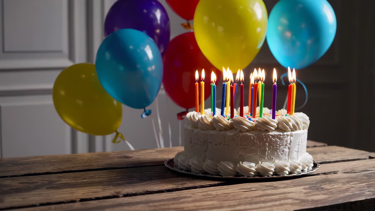pastel de cumpleaños con globos y velas