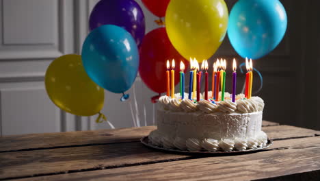 pastel de cumpleaños con globos y velas