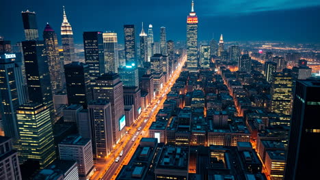 nighttime cityscape with illuminated skyscrapers and street lights