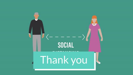 thank you text banner over man and woman maintain social distancing icons against green background