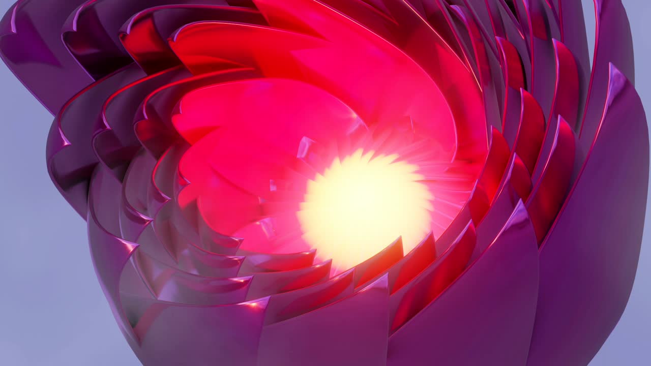 모션 루프 핑크 꽃은 금속 추상화로 만들어졌으며 밝게 빛나는 코어, 기하학적 패턴으로 열고 닫습니다.