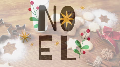 animation of noel text over christmas cookies