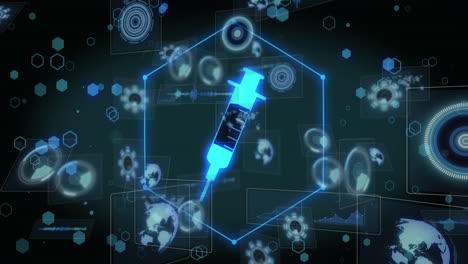 Animation-of-data-processing-and-vaccine-on-black-background