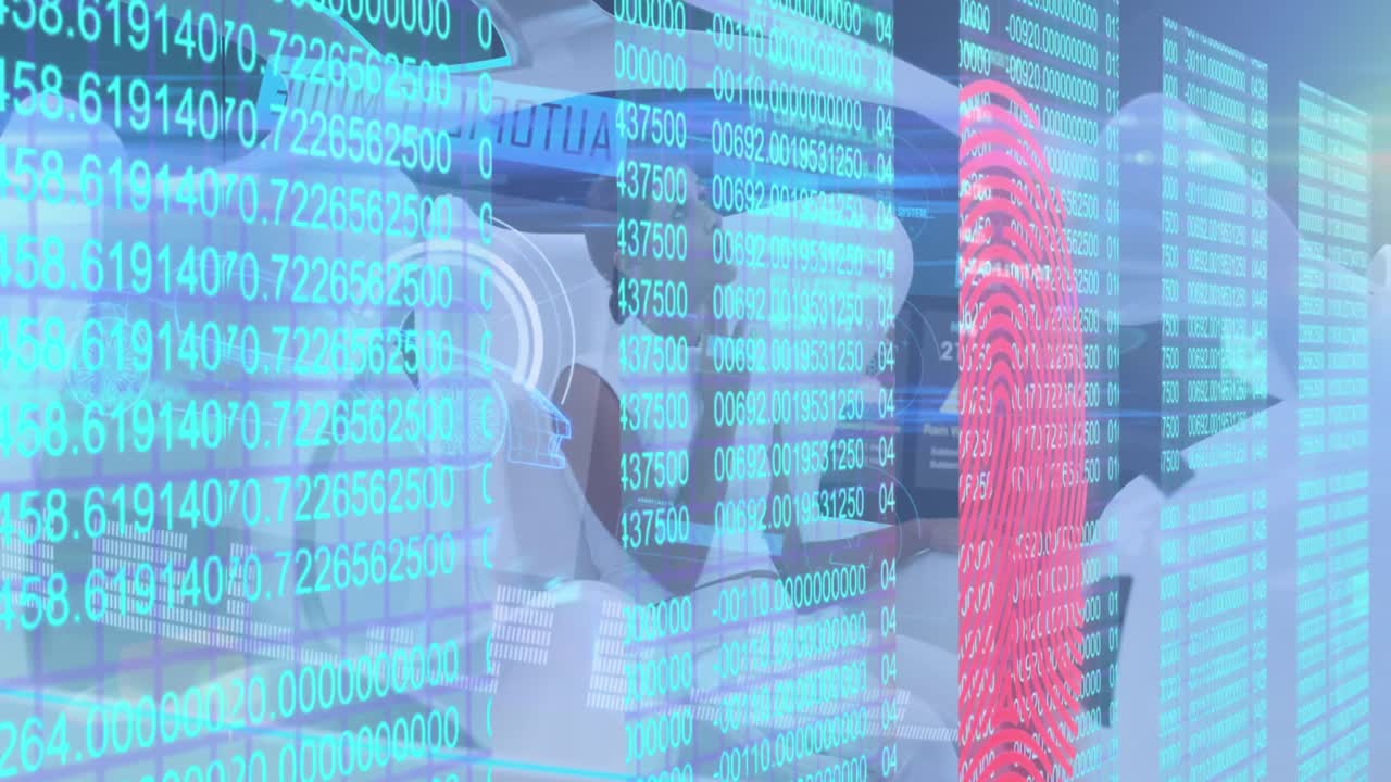 Animation of biometric fingerprint and data processing over woman in self drive car