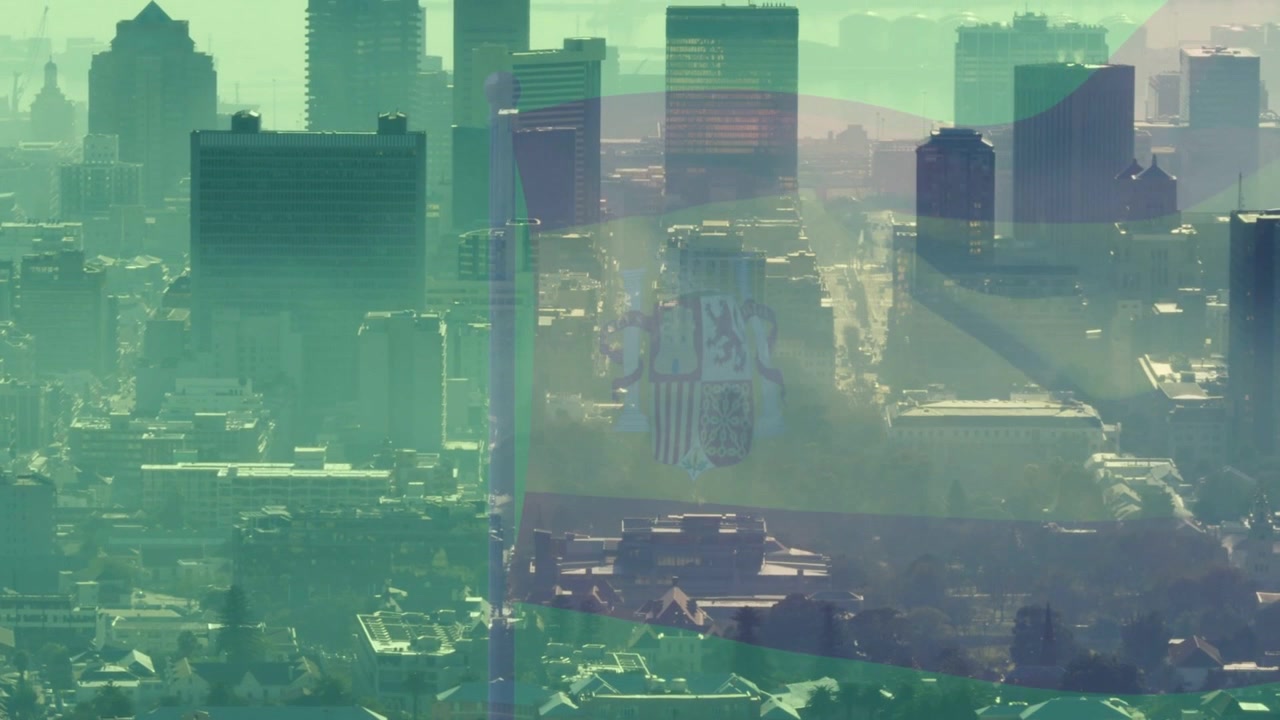 Frames rolling causing flag layer waving over skyline, crest peaking then fading, marking nation