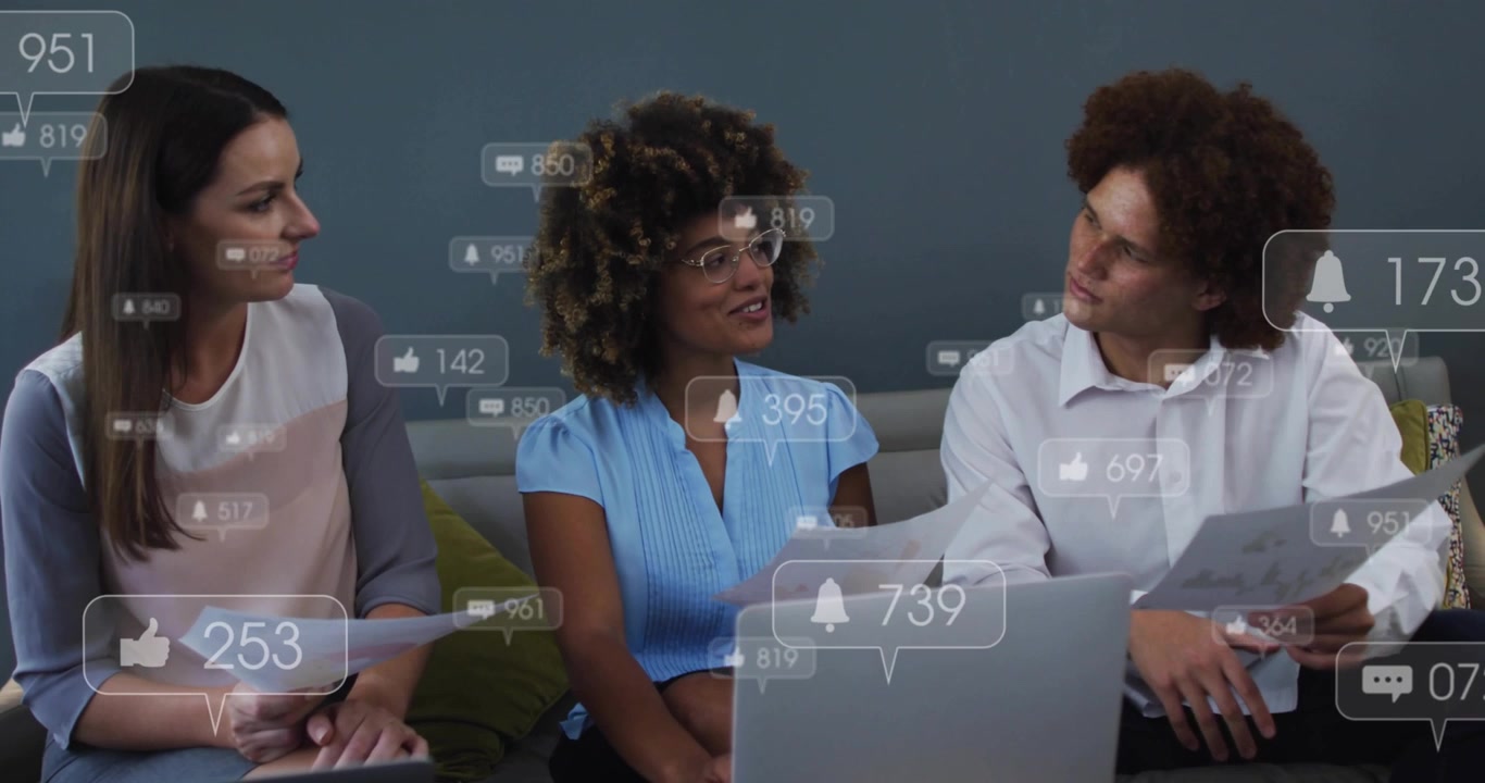 Center woman speaking and citing brief, team turning as social metrics rising, boosting business