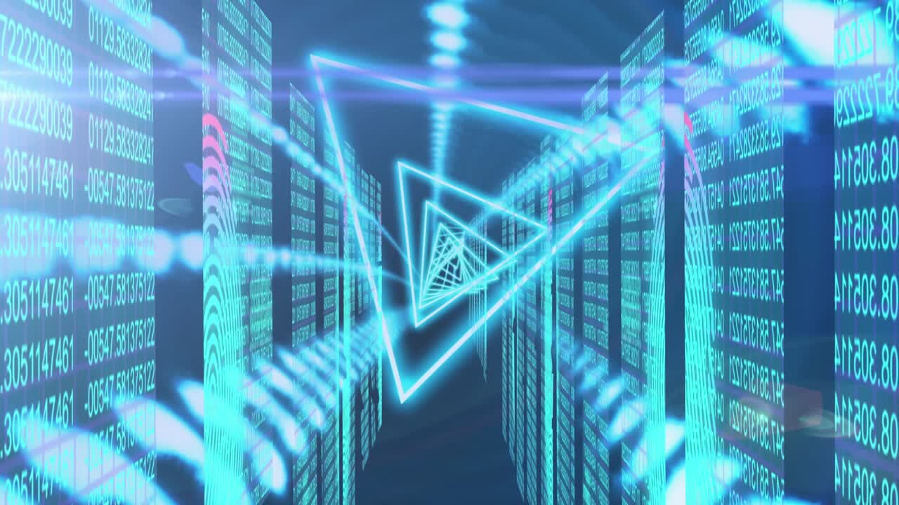 Animation af neontrekantformer i et sømløst mønster mod binær kode og blå baggrund