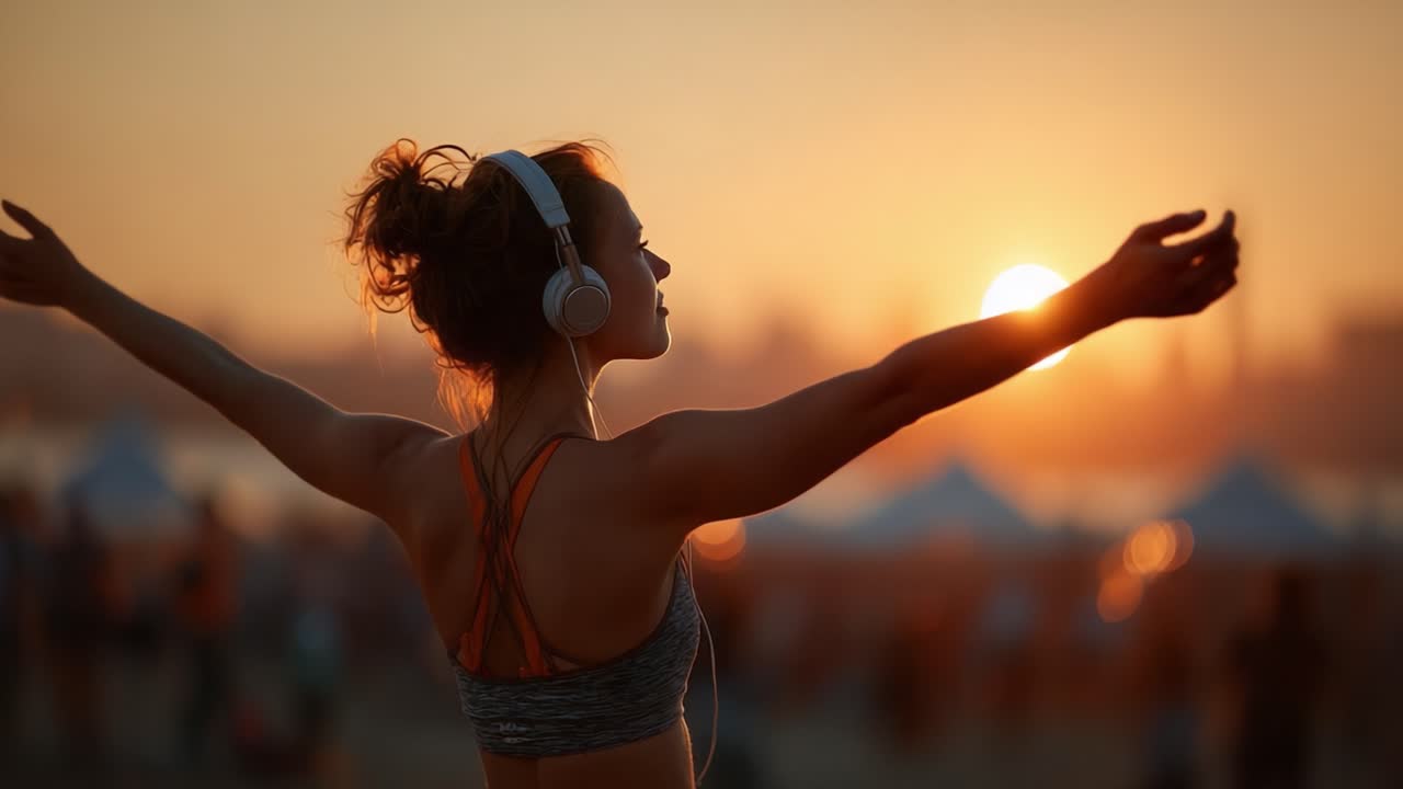 A Young Woman Enjoys the Sunset While Listening to Music Through Headphones, Embracing the Relaxing Moment in an Outdoor Setting