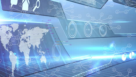 digital world map and data processing animation over futuristic interface