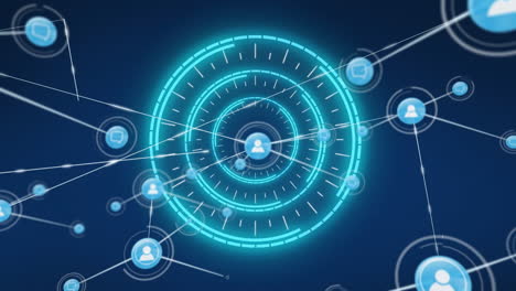 animation of network of connections with icons over scope scanning on blue background