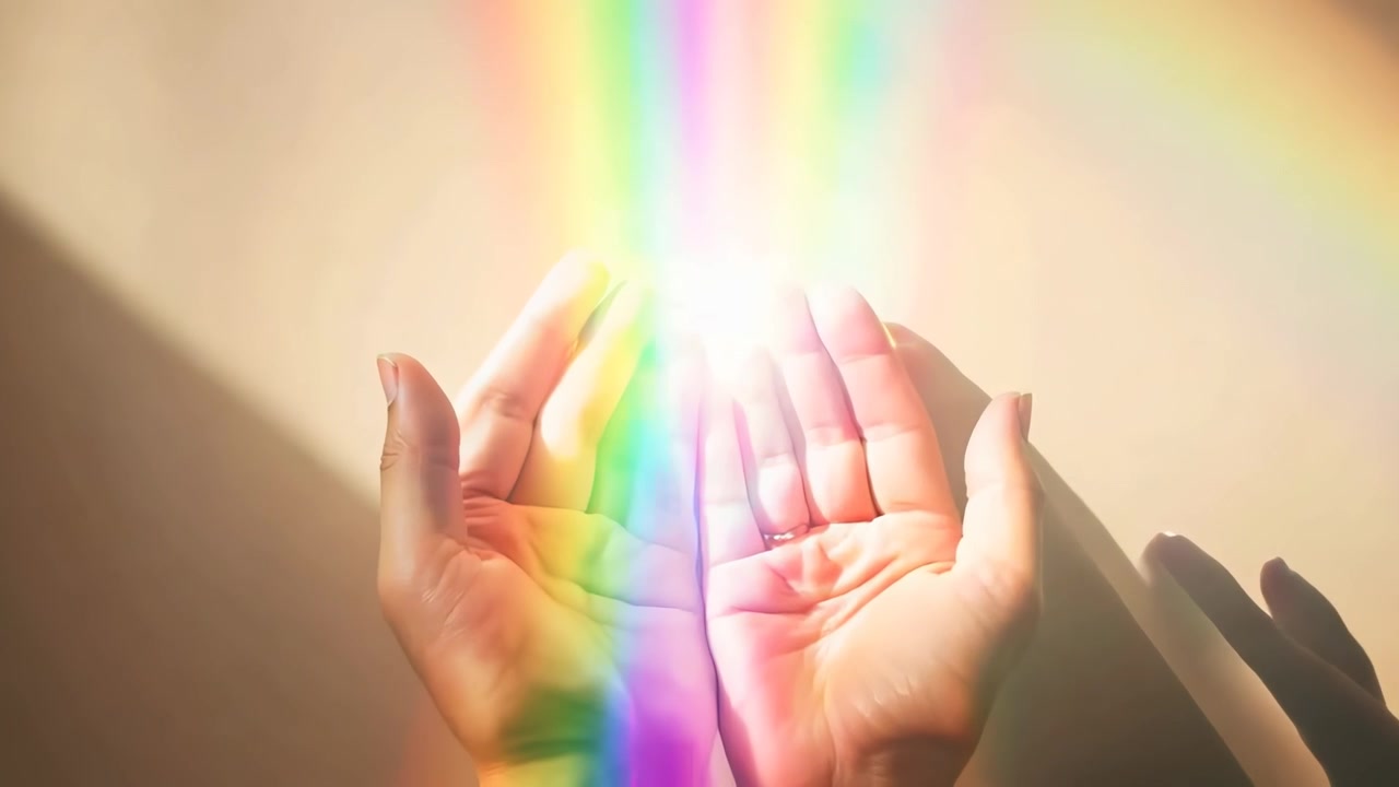 Mani giunte che raccolgono una luce arcobaleno vibrante