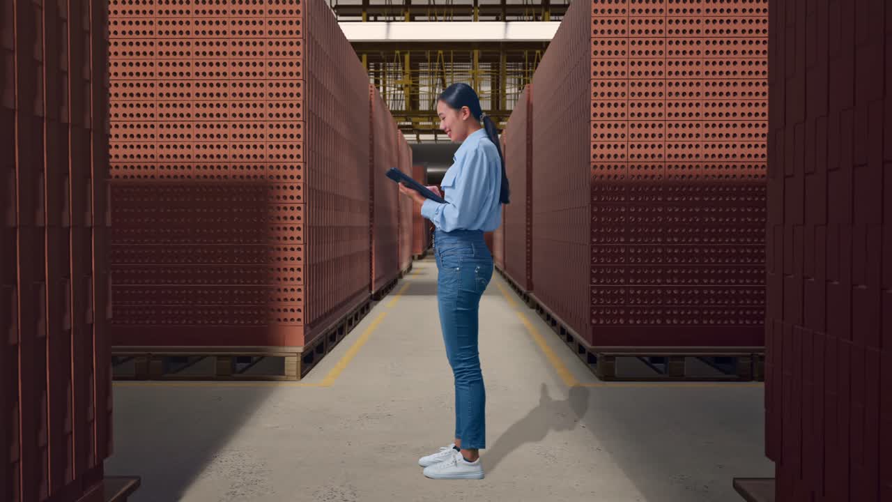 Full Body Side View Of Asian Female With Her Tablet With Red Brick Packed in Stacks Are Stored, Working Continuously With Her Tablet