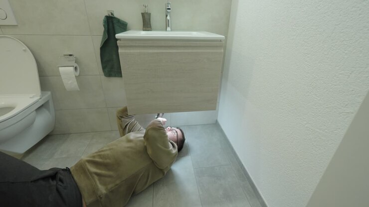 A homeowner lies on the bathroom floor repairing the sink plumbing under the vanity, performing a simple DIY maintenance fix