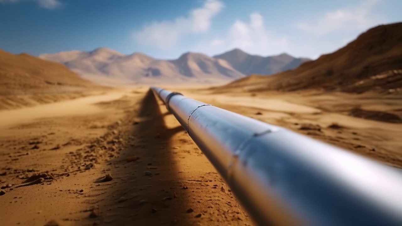 Et vidstrakt ørkenlandskap med et langt rør som strekker seg ut i det fjerne, omgitt av fjell og en klar blå himmel, som fremhever tørt terreng og industrielle elementer.
