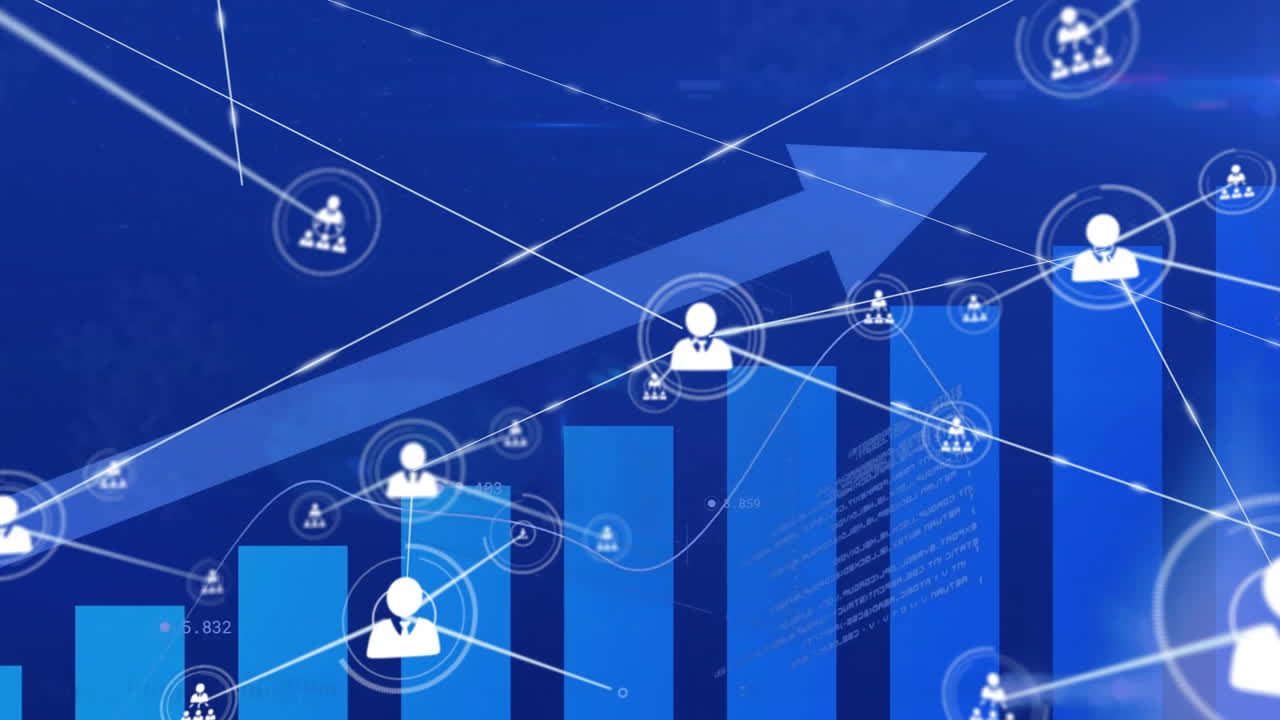 Animation of network of connections with icons over statistics with arrow