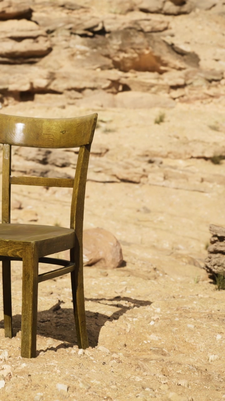Una sedia solitaria si erge nel deserto sotto il sole splendente, invitando alla riflessione