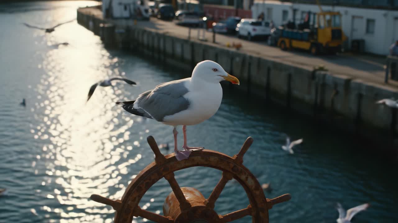 Un gabbiano maestoso appollaiato su un timone di nave che si affaccia su un sereno lungomare, con altri gabbiani che volano nelle vicinanze in una tranquilla scena costiera.