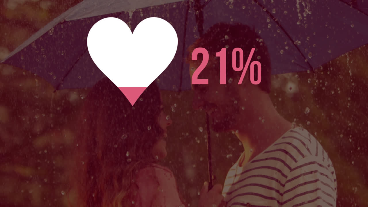 심장 모양과 숫자가 배경에 커플과 함께 색으로 가득 차 있습니다.