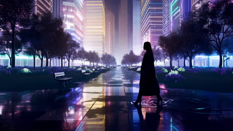 solitary stroll through a cyberpunk city at night