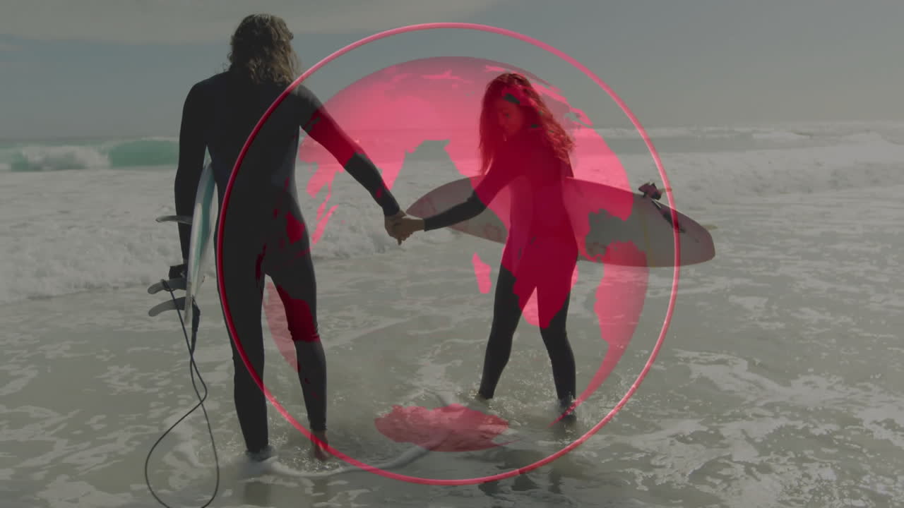 Male and female surfers grabbing hands on surfboards, with sports wave chart animation