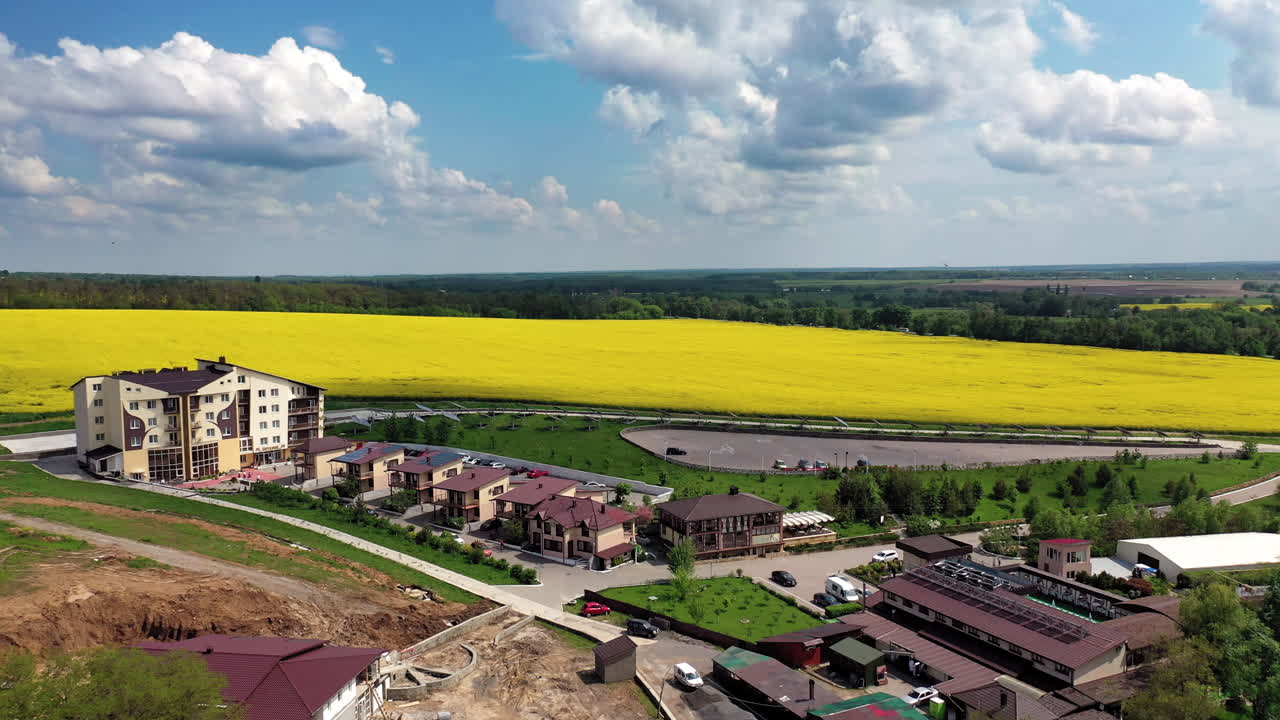 Residential area in suburb of city. Aerial view of apartment complex in the countryside