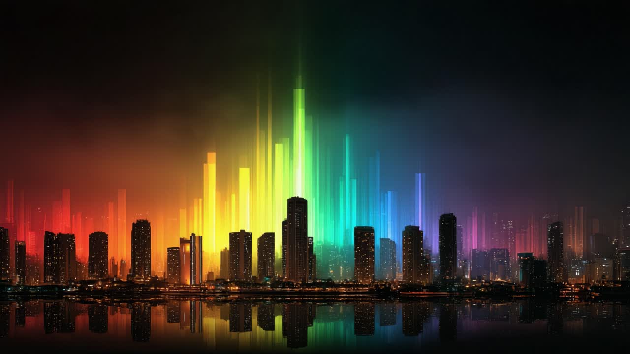 Nighttime cityscape silhouette reflecting in water with vibrant, glowing rainbow colored light bars animating like a digital audio equalizer, creating a futuristic and dynamic urban scene