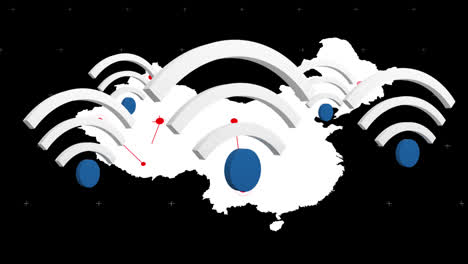 Múltiples-Símbolos-Wifi-Flotando-Contra-El-Mapa-Mundial-Sobre-Fondo-Negro