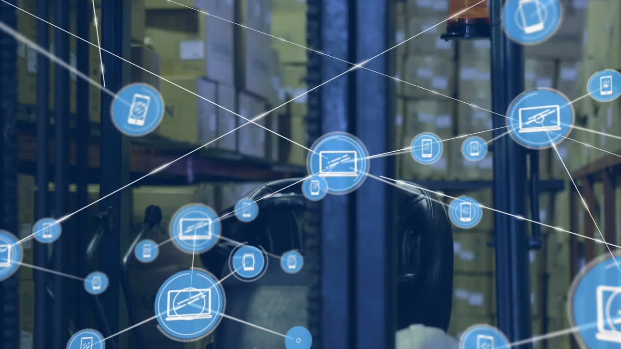 창고에서 작동하는 포크리프트에 대한 디지털 아이콘 네트워크의 애니메이션