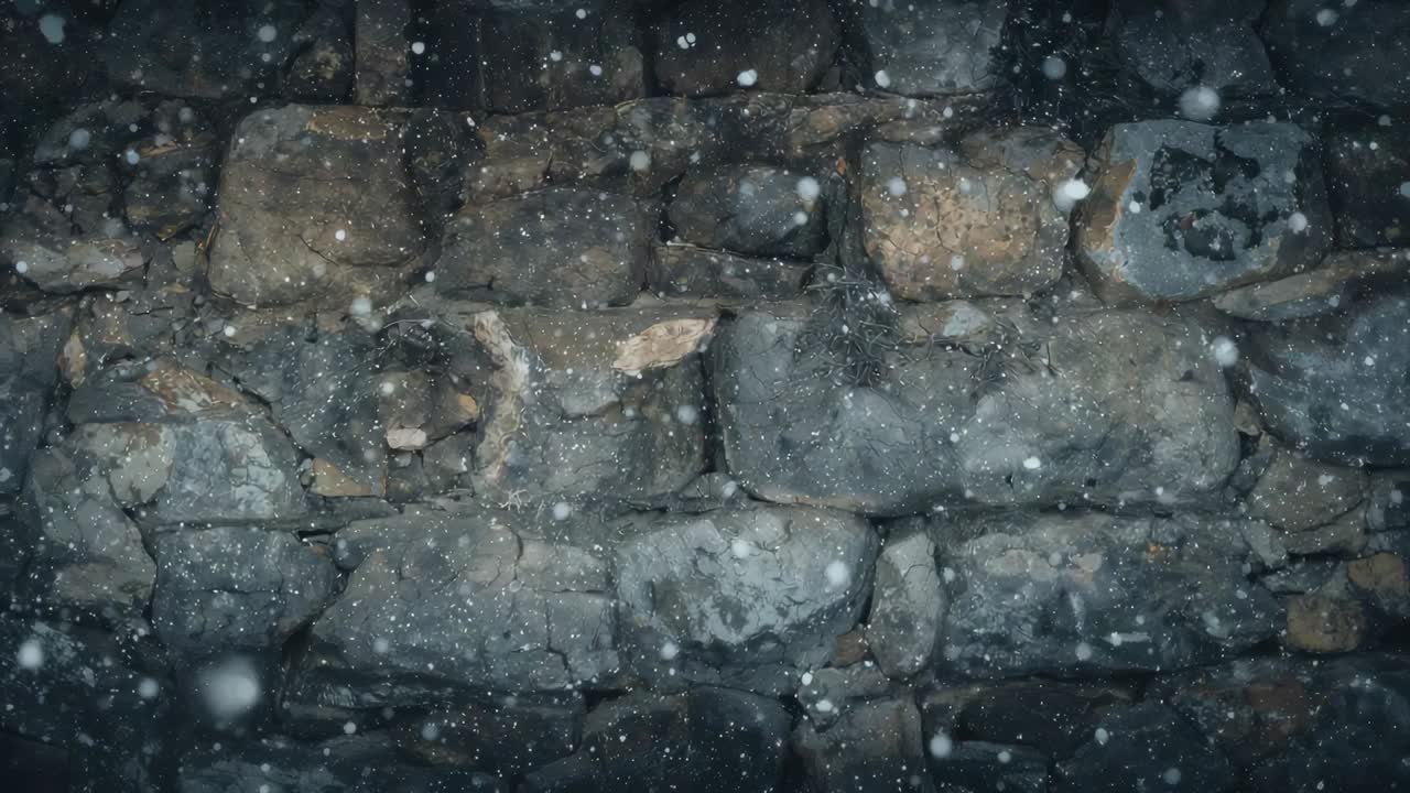 Fiocchi di neve che scendono da un cielo nuvoloso oltrepassando un muro di pietra usurato con licheni e polvere