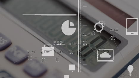 animation of data processing and media icons over calculator