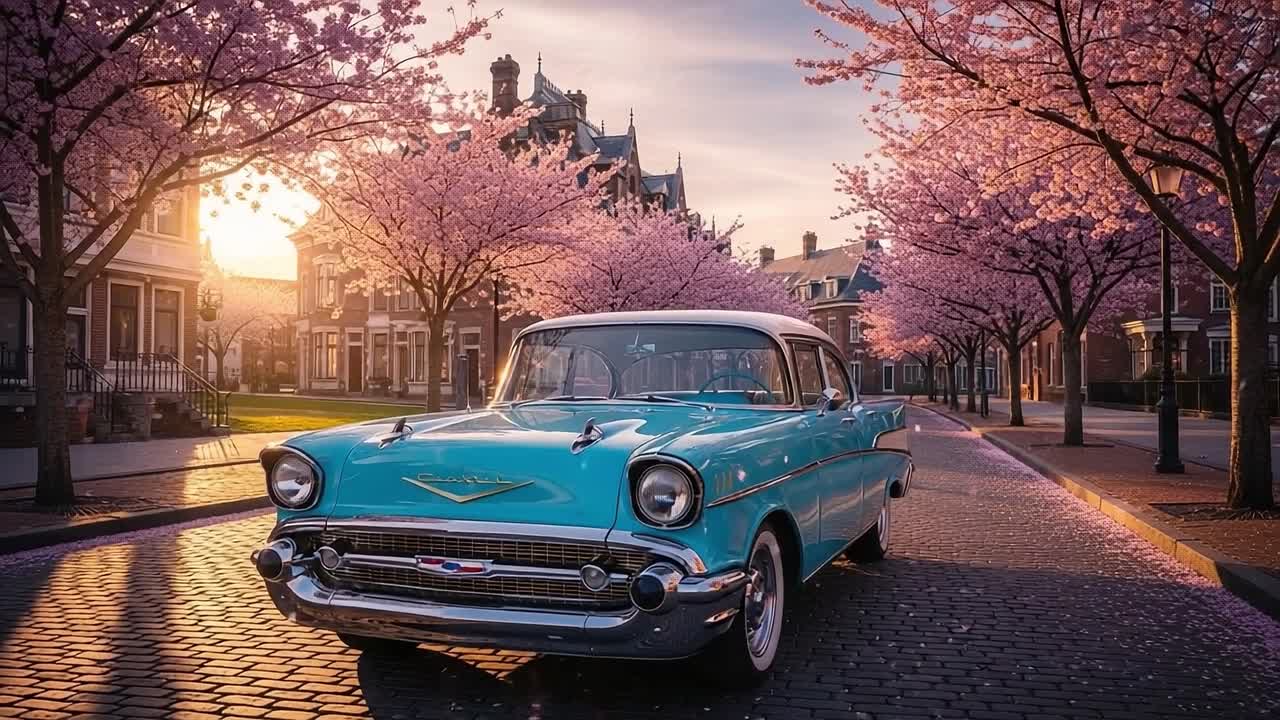 A captivating scene of a classic turquoise car parked amidst a picturesque avenue lined with cherry blossom trees, bathed in the warm glow of a sunset, evoking nostalgia and beauty