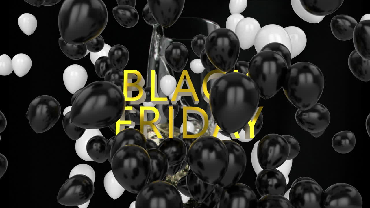 animación de globos y texto de viernes negro sobre champán que se vierte en vaso de flauta