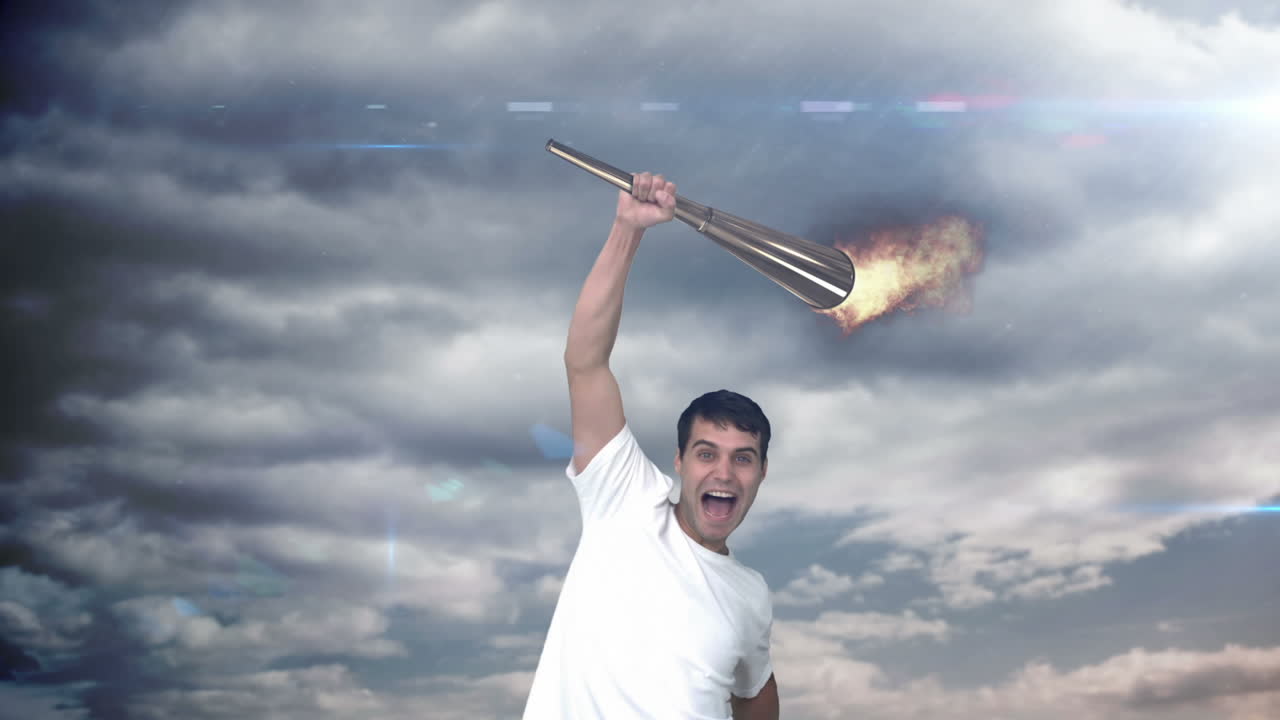 올림픽 불꽃 을 머리 위 에 들고 승리 하는 운동 선수 의 모태