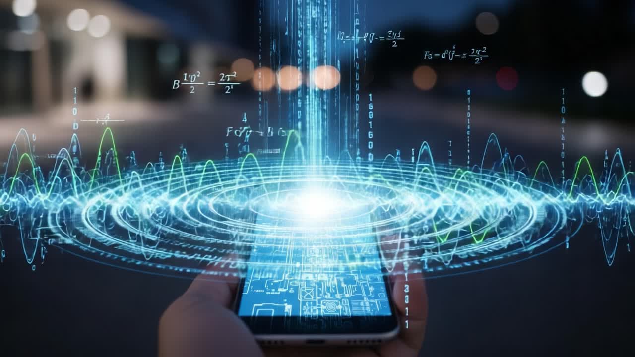 A futuristic mobile device portal emitting digital patterns and mathematical data, representing advanced technology and the connection between the virtual and real worlds