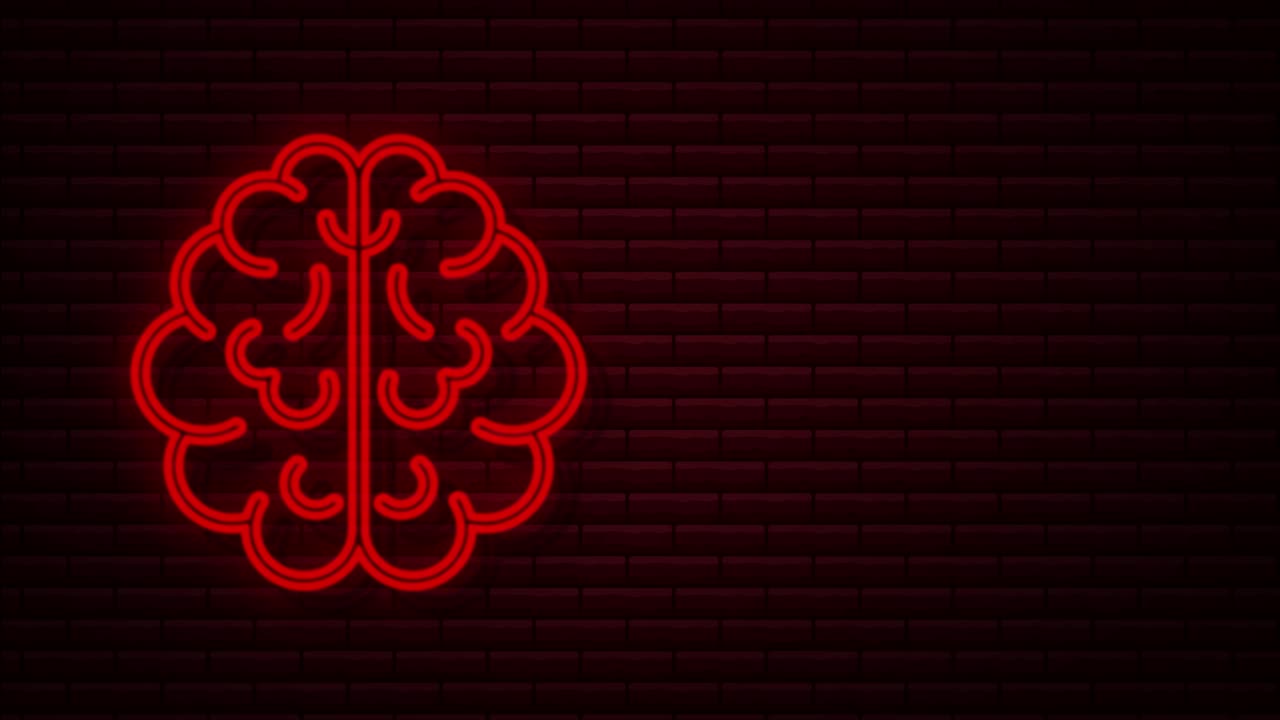 icono de neón del cerebro. cerebro digital en la mano. red neuronal. pruebas de coeficiente intelectual. tormenta de cerebro pensar idea. gráfico de movimiento