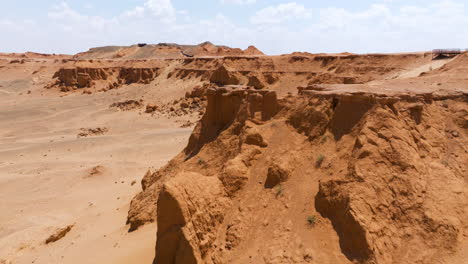 Sandstone-Formations-Of-Bayanzag-Flaming-Cliffs-In-Mongolia---Aerial-Pullback