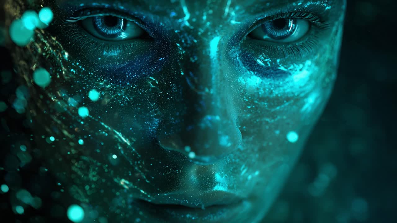 Close up of a woman's face with bright blue eyes covered in glowing cyan uv makeup, slowly opening and closing her eyes in a dark, mysterious, and magical atmosphere of a fantasy world
