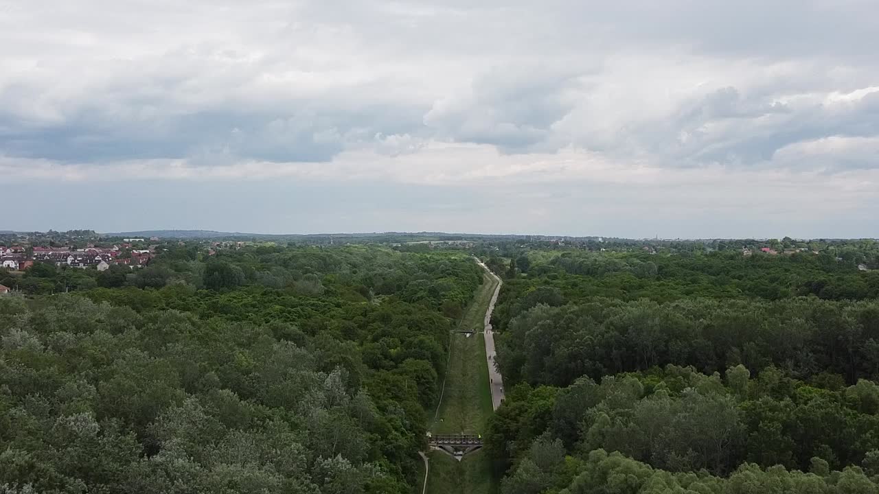 Aerial view of Forest with a Path in the middle and houses in the background