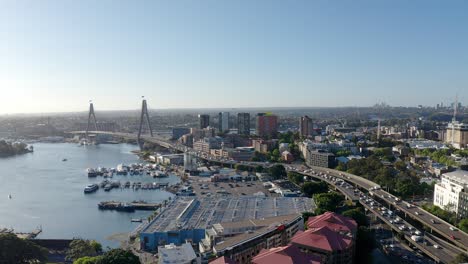 view from pyrmont bridge road of the iconic anzac bridge over blackwattle bay in new south wales, australia