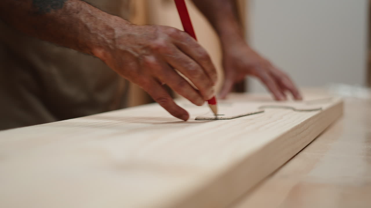 Close-Up of Carpenter's Hands Tracing Pattern on Wooden Board