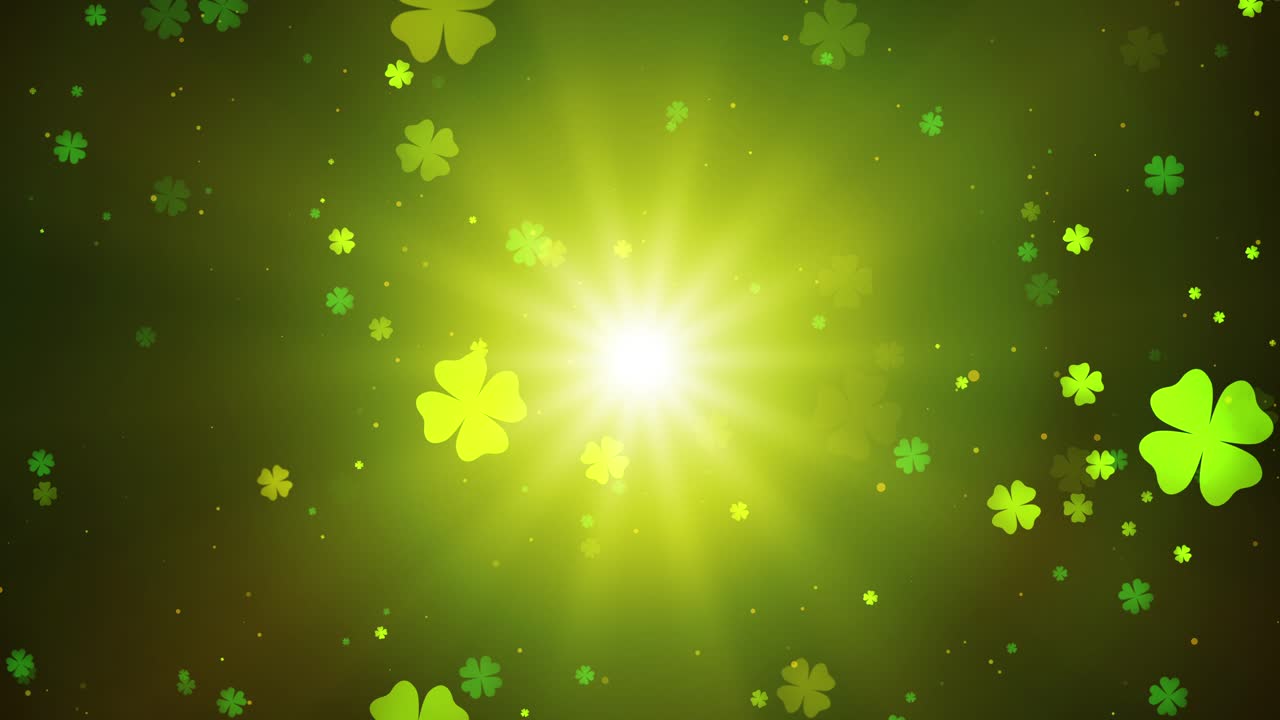 Festive St. Patrick’s Day backdrop with shimmering floating four-leaf clovers, rotating sun rays, and a dynamic motion effect
