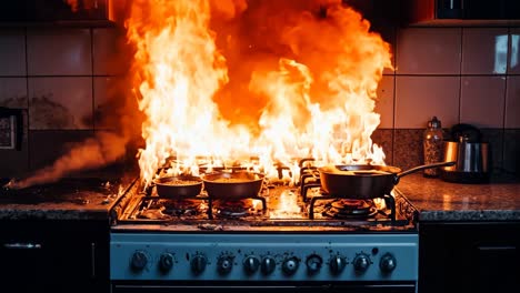 a stove with pots and pans on it on fire in a kitchen