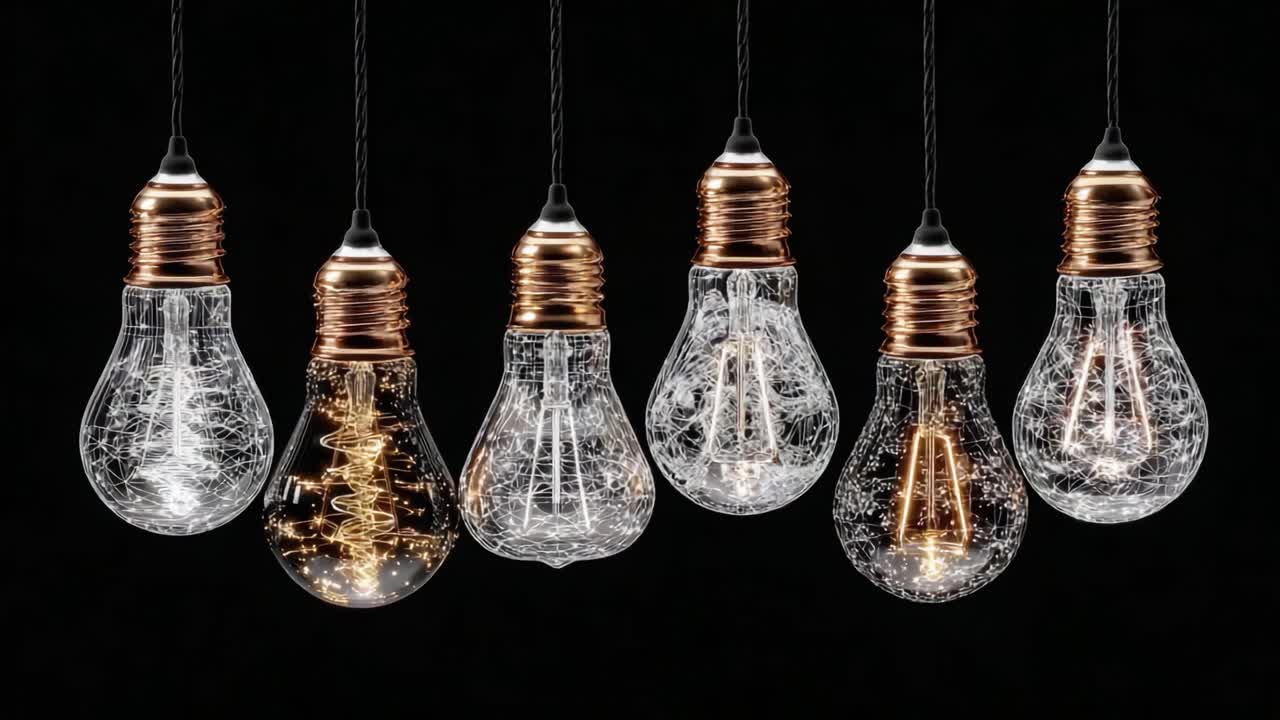 A Stunning Display of Hanging Light Bulbs Illuminating with Intricate Designs and Warm Glow Against a Dark Background, Creating a Captivating Ambiance