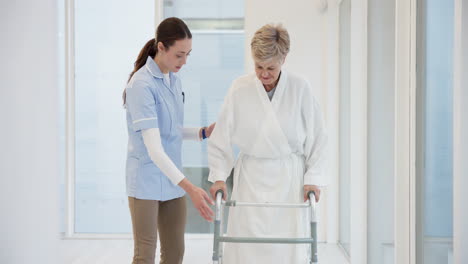 nurse, elderly woman and walker for helping hand