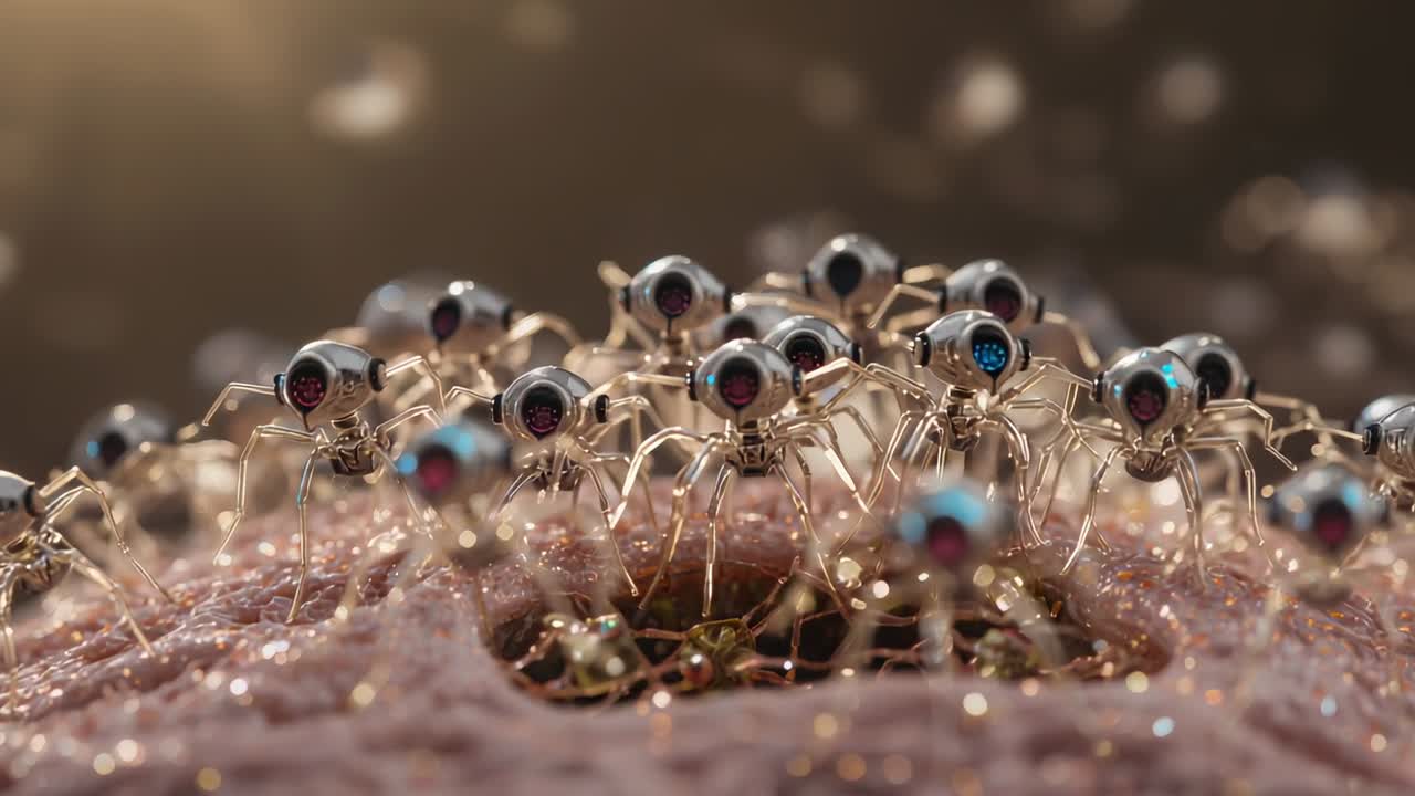 Responding to camera approach, micro-robots tightening formation on pink surface over pore settling