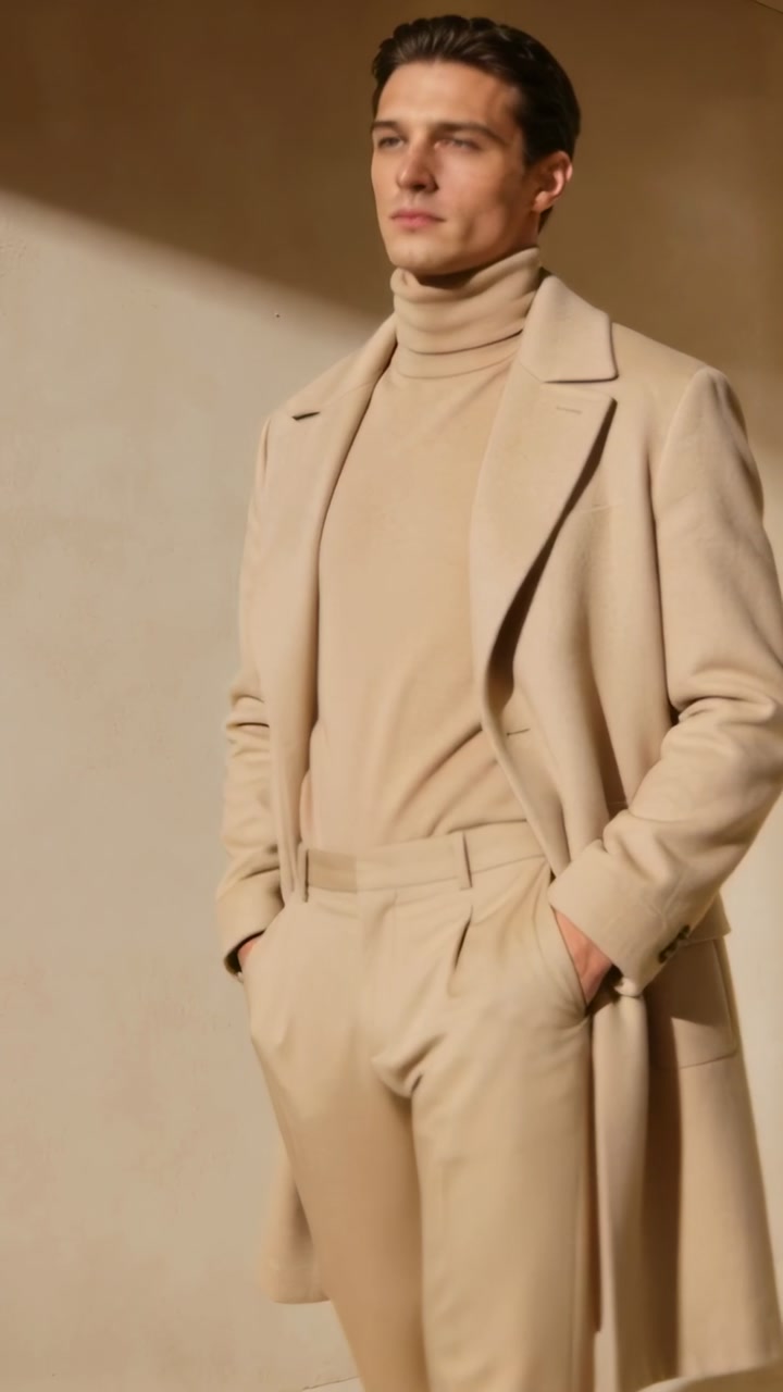 Vertical video: Posing male model on cue, adjusting pose in studio, showing beige overcoat