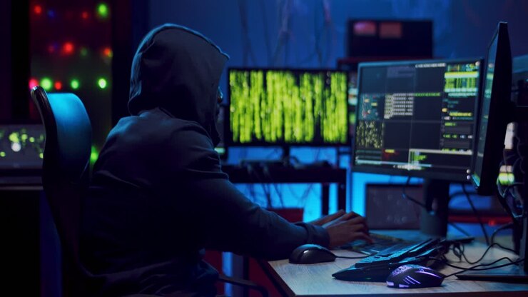 Young Male Software Developer Working At Night On Two Computers Simultaneously And Programming Virus Or Antivirus