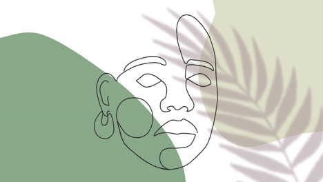 animation of drawing of face in black outline against moving leaf on white and green background