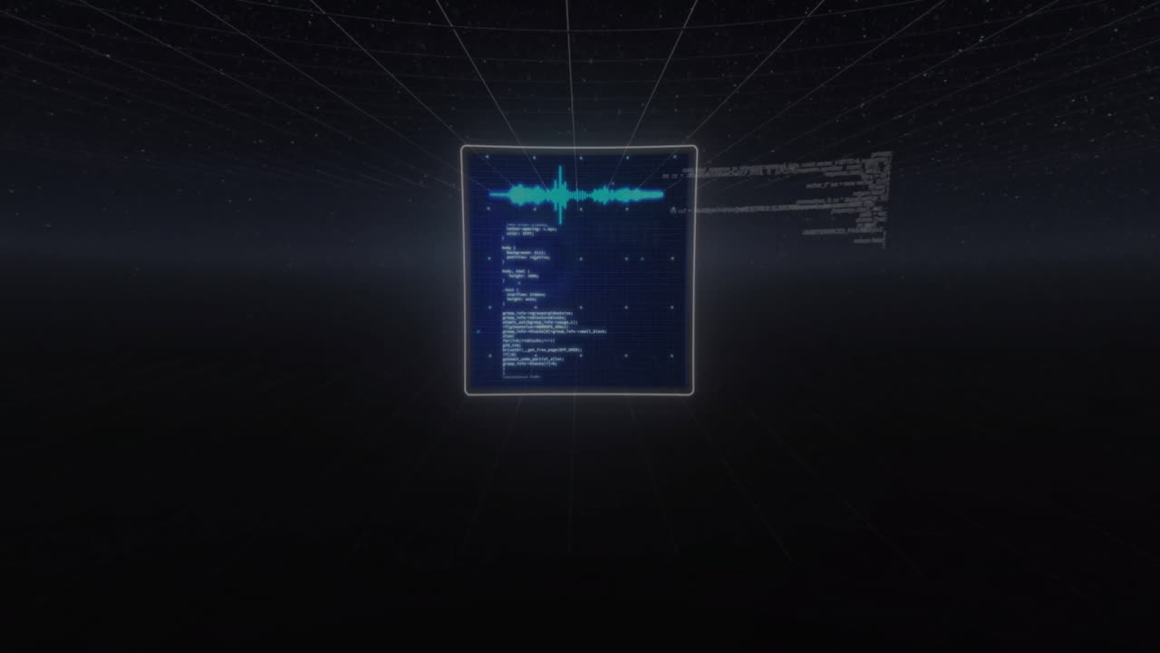 Curved screen floating above dark grid, displaying cyan waveform, white code in 3D-render style