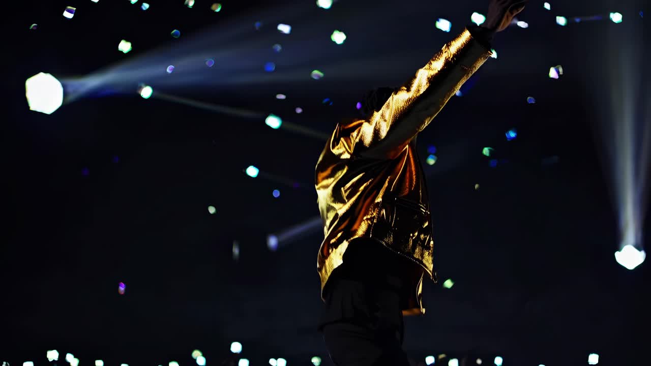 intérprete dinámico en chaqueta dorada comandando el escenario, bañado en focos brillantes, brazos dramáticamente extendidos hacia la audiencia aplaudiendo empuñando palos de luz iluminados